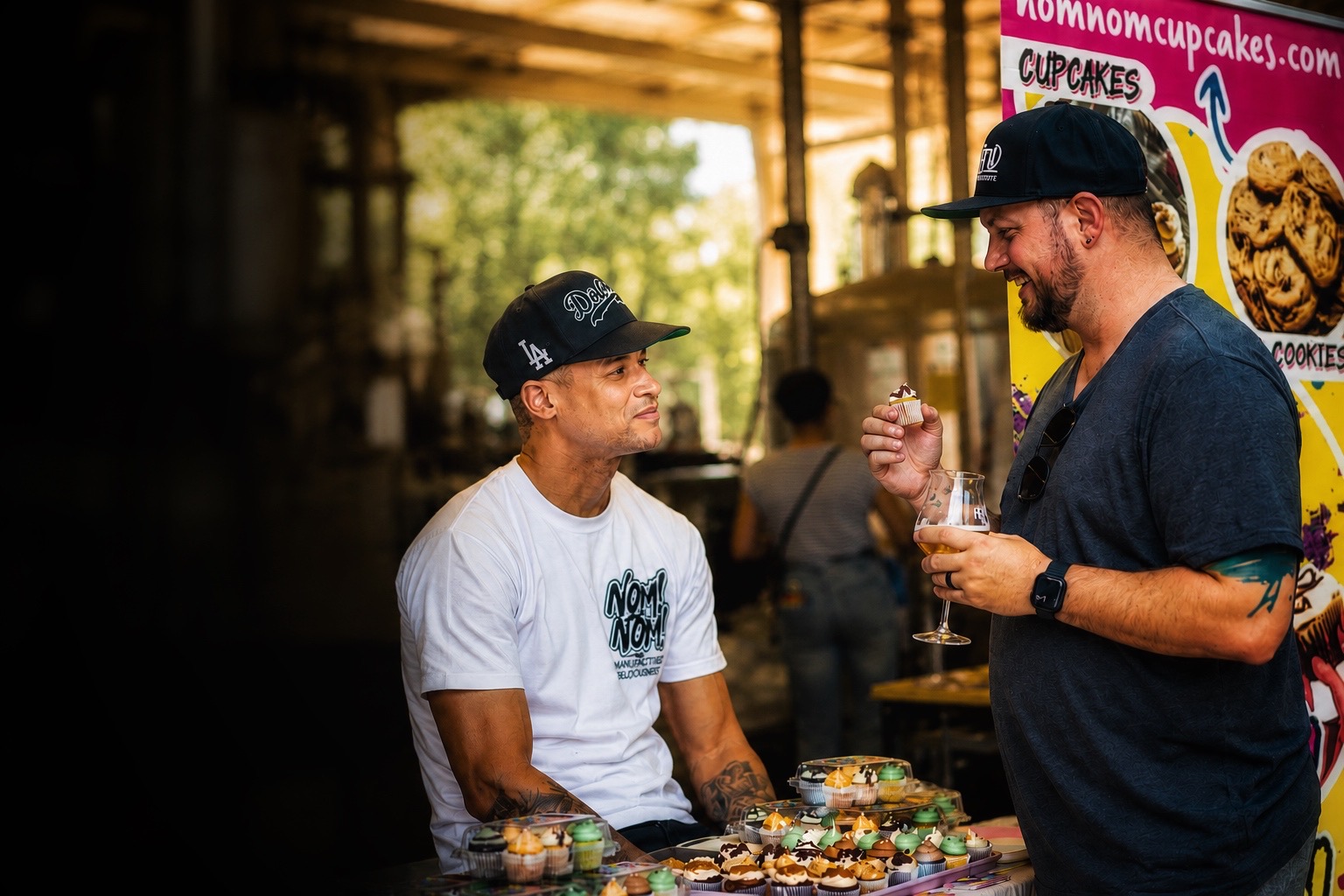 Mikal sharing Nom Nom cupcakes at an event