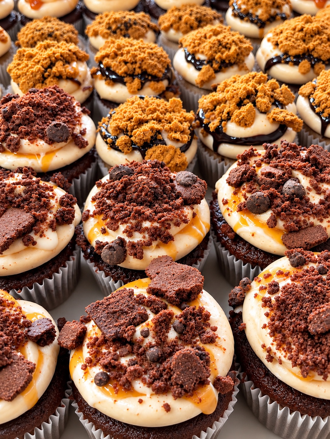 Close-up of chocolate mini cupcakes with cookie crumble toppings