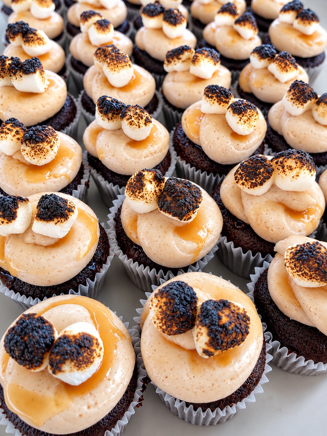 Chocolate mini cupcakes topped with toasted marshmallows
