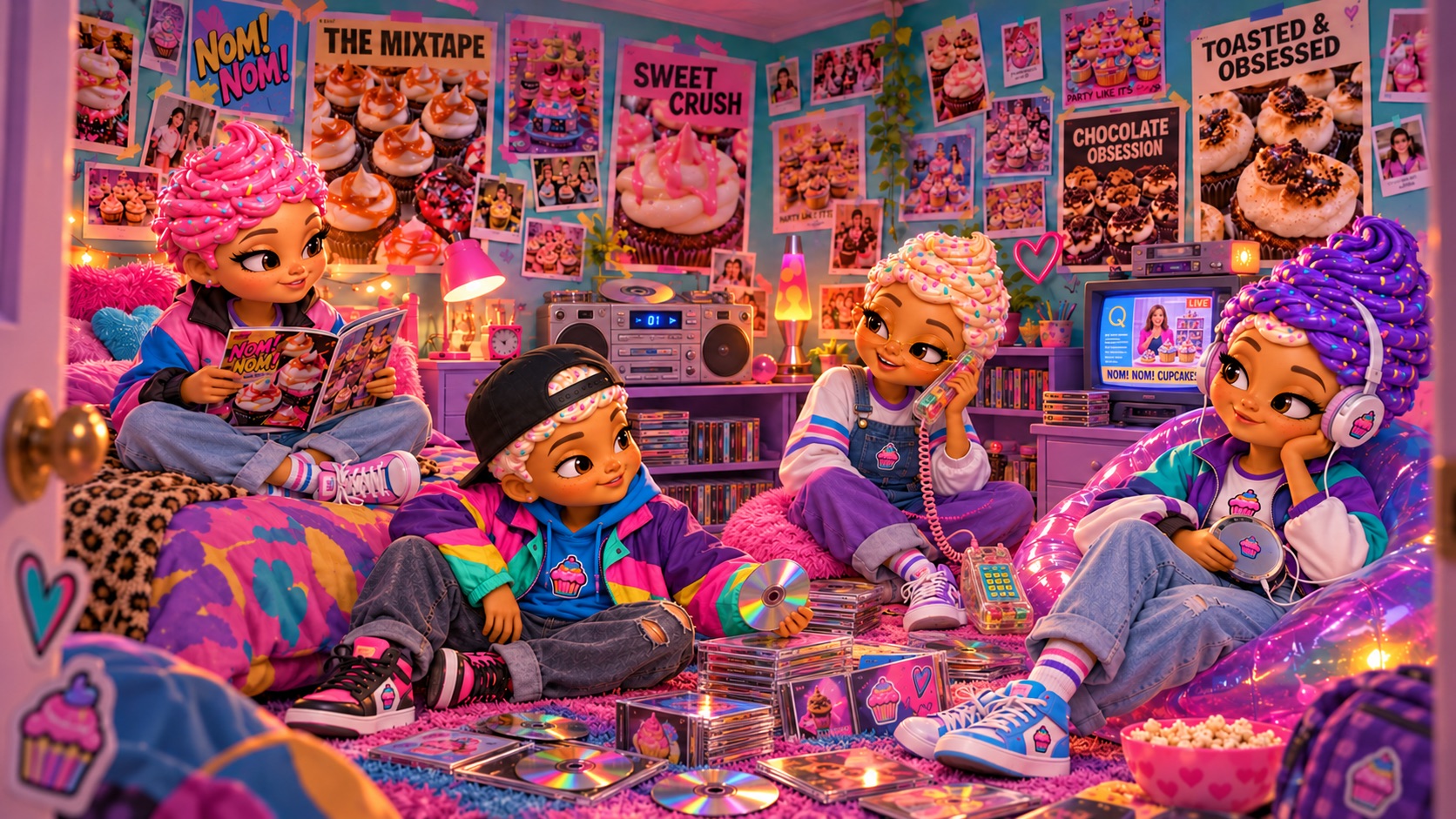Four Nom! Nom! cupcake characters in a colorful 1990s bedroom with cupcake posters, CDs, a CD stereo, a clear telephone, and a cupcake home-shopping show on TV. The boy in the cap wears a bright color-block windbreaker.